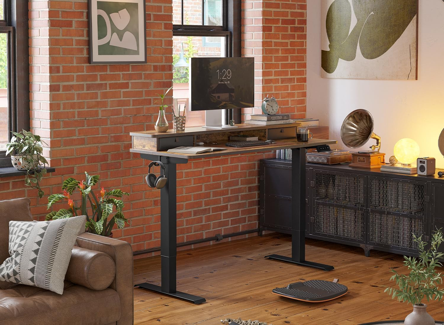 FEZIBO 48 X 24 Inch Height Adjustable Electric Standing Desk with Double Drawers&Keyboard Tray, Stand up Desk with LED Strips, Sit Stand Desk with Monitor Stand, Rustic Grey
