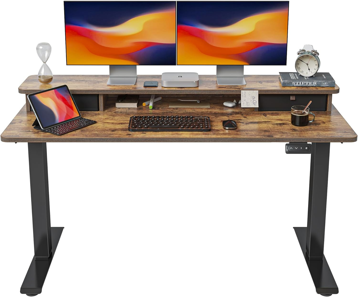 FEZIBO 48 X 24 Inch Height Adjustable Electric Standing Desk with Double Drawers&Keyboard Tray, Stand up Desk with LED Strips, Sit Stand Desk with Monitor Stand, Rustic Grey