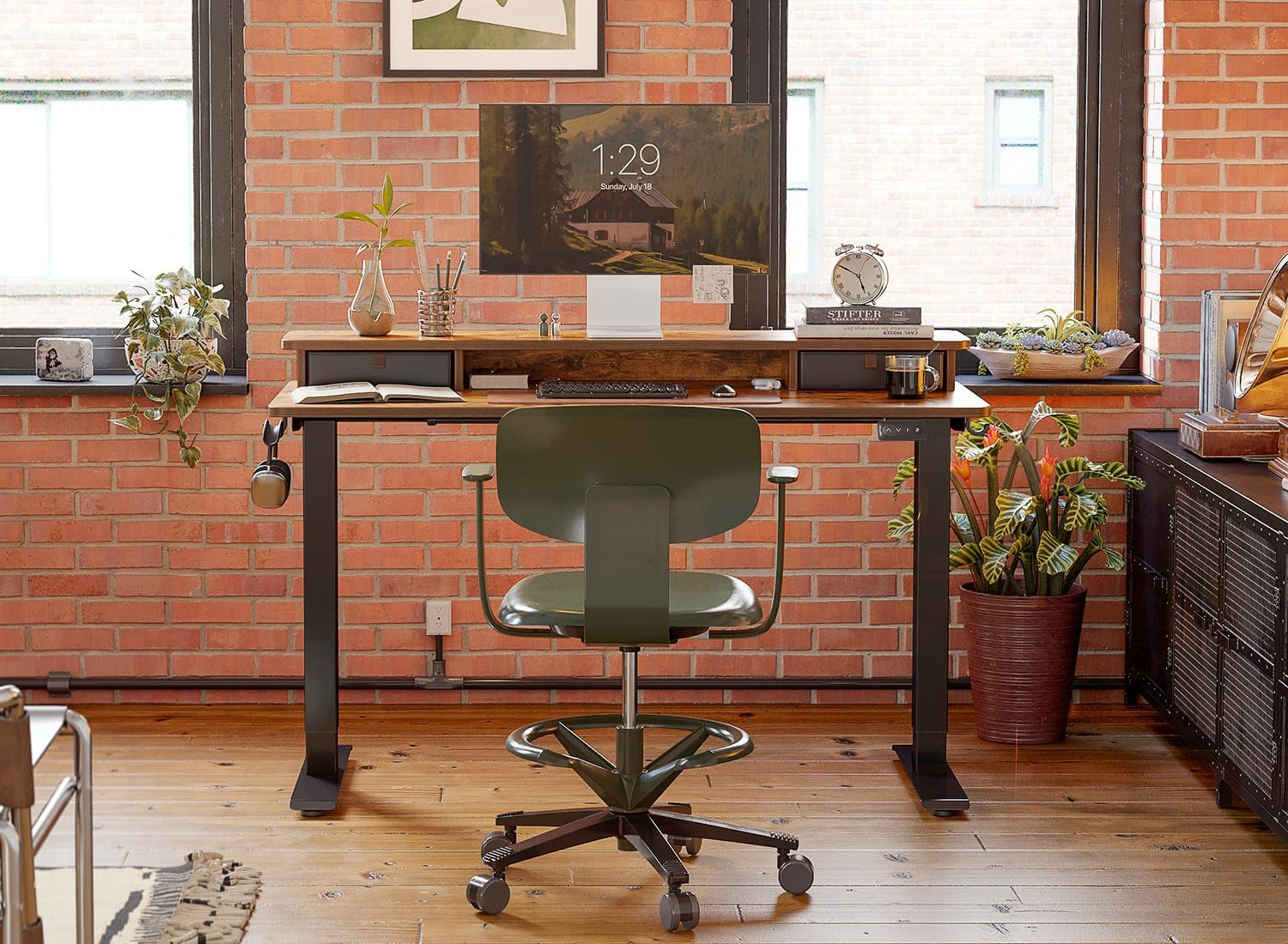 FEZIBO 48 X 24 Inch Height Adjustable Electric Standing Desk with Double Drawers&Keyboard Tray, Stand up Desk with LED Strips, Sit Stand Desk with Monitor Stand, Rustic Grey