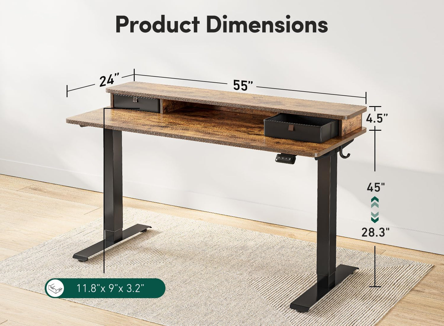 FEZIBO 48 X 24 Inch Height Adjustable Electric Standing Desk with Double Drawers&Keyboard Tray, Stand up Desk with LED Strips, Sit Stand Desk with Monitor Stand, Rustic Grey
