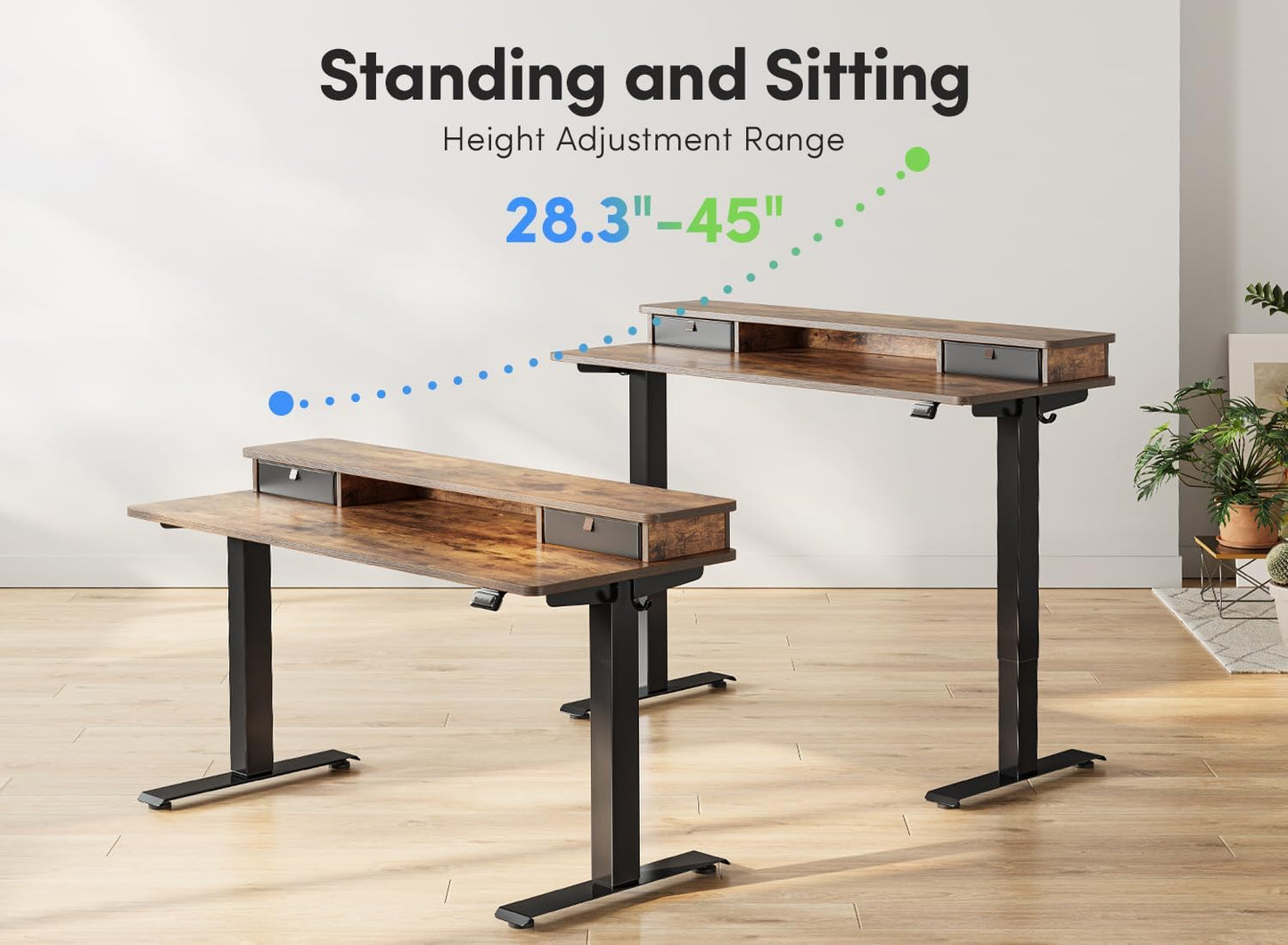 FEZIBO 48 X 24 Inch Height Adjustable Electric Standing Desk with Double Drawers&Keyboard Tray, Stand up Desk with LED Strips, Sit Stand Desk with Monitor Stand, Rustic Grey
