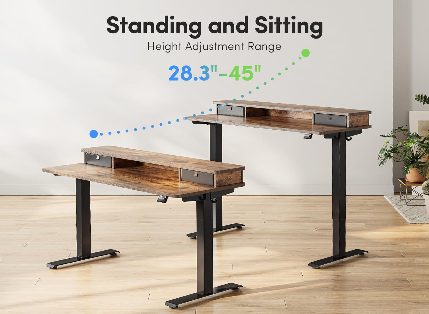 FEZIBO 48 X 24 Inch Height Adjustable Electric Standing Desk with Double Drawers&Keyboard Tray, Stand up Desk with LED Strips, Sit Stand Desk with Monitor Stand, Rustic Grey