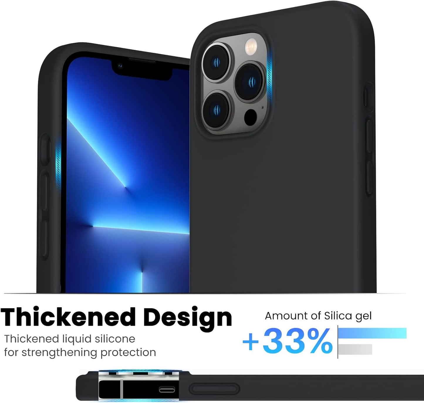 Shockproof Liquid Silicone Designed for Iphone 13 Pro Max Case 6.7", Gel Rubber Full Body Protection Anti-Shock Cover Case Drop Protection 6.7Inch-Black